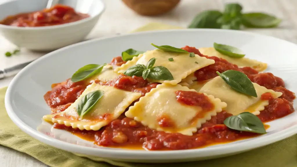 A delicious plate of cheese ravioli topped with marinara sauce and basil.