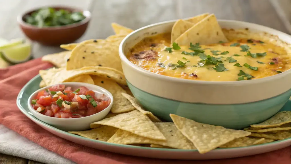 A bowl of melted Chihuahua cheese dip surrounded by tortilla chips and garnished with herbs.