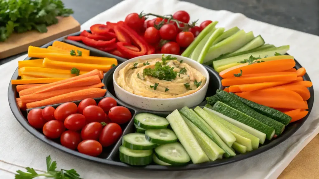A vibrant veggie tray featuring an assortment of fresh vegetables including carrots, cucumbers, bell peppers, and cherry tomatoes, with a bowl of hummus in the center.