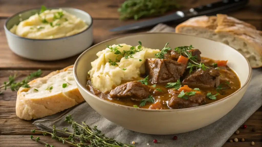 A bowl of neck bones stew served with mashed potatoes and bread.