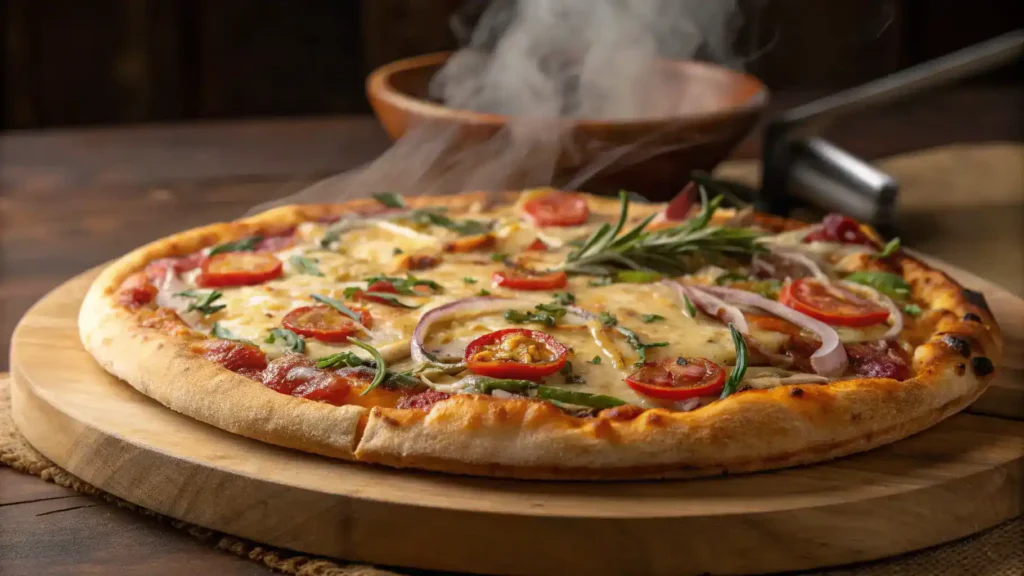 Freshly baked hand tossed pizza with toppings on a wooden board.