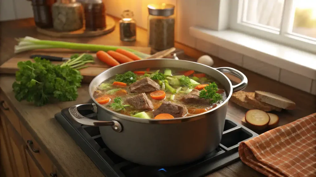 A pot of neck bones stew simmering with vegetables and herbs.