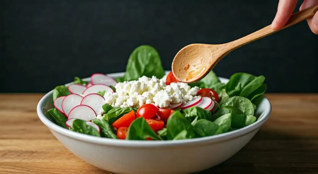 A vibrant watermelon radish salad with mixed greens, cherry tomatoes, and feta cheese in a large bowl.