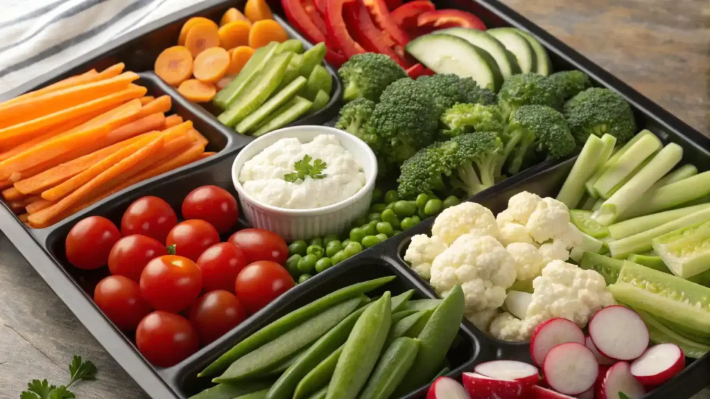 An assortment of fresh ingredients for a veggie tray, including carrots, cucumbers, bell peppers, cherry tomatoes, broccoli, cauliflower, radishes, snap peas, and celery.