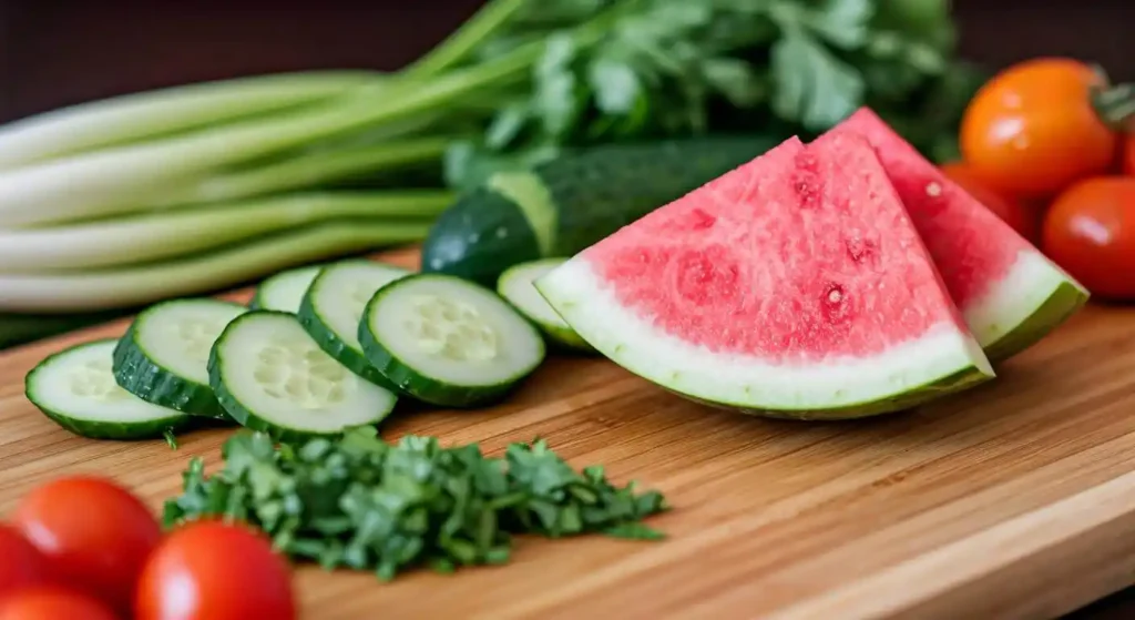 Ingredients for watermelon radish salad including watermelon radish, cucumber, cherry tomatoes, and fresh herbs on a cutting board.