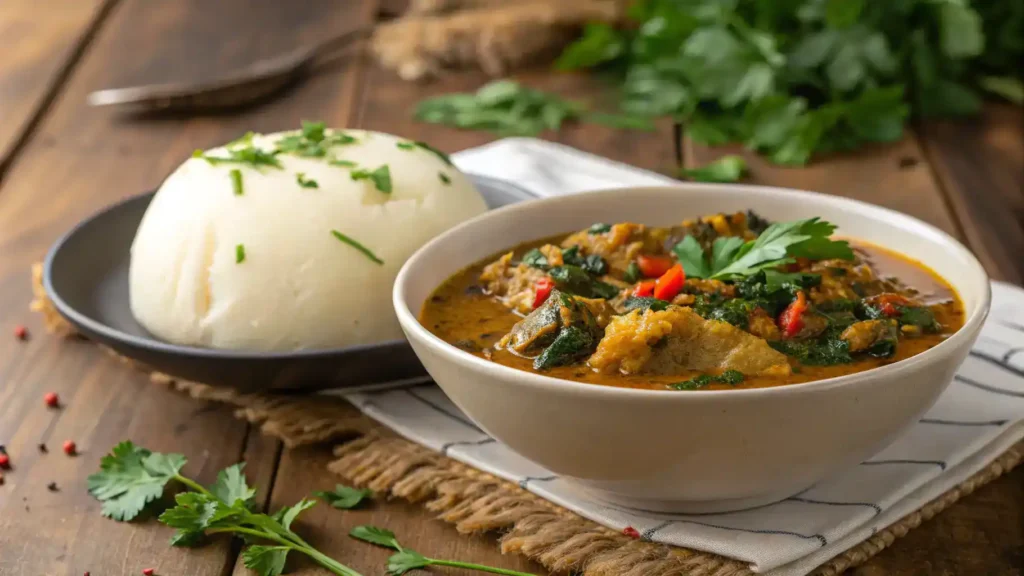 A bowl of fufu served with rich egusi soup, garnished with fresh herbs, on a rustic wooden table.