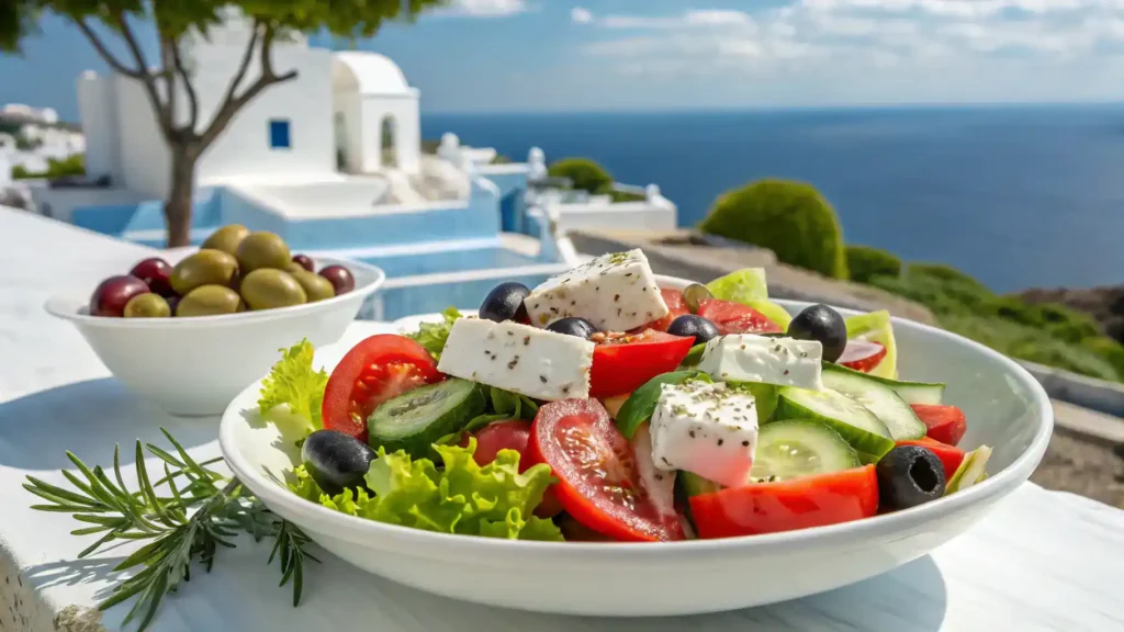 A beautifully plated Greek salad with fresh vegetables and feta cheese.