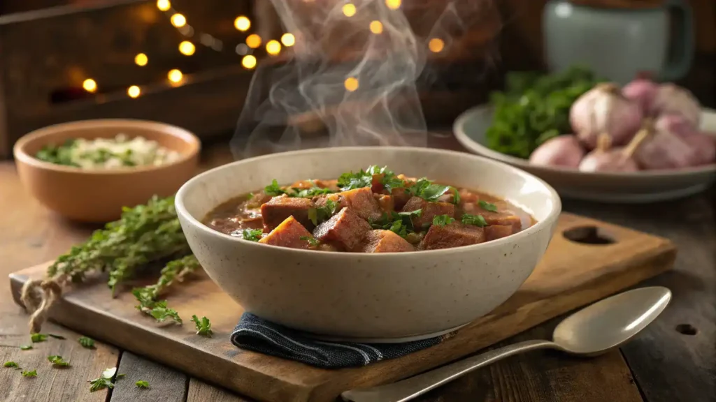 A bowl of hog jowl food garnished with herbs, served hot on a rustic table.
