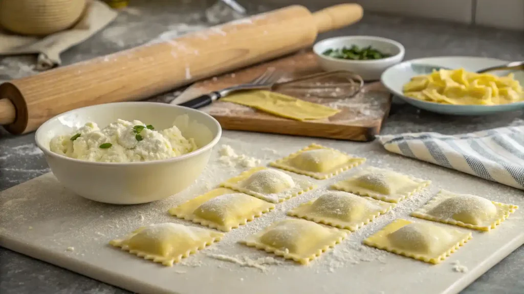 A step-by-step process of making cheese ravioli, including dough preparation and filling.