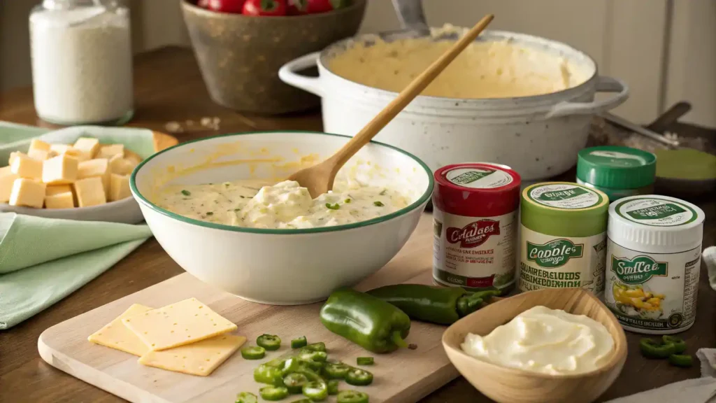 A mixing bowl filled with a creamy cheese mixture, surrounded by ingredients like Chihuahua cheese, cream cheese, and green chilies.
