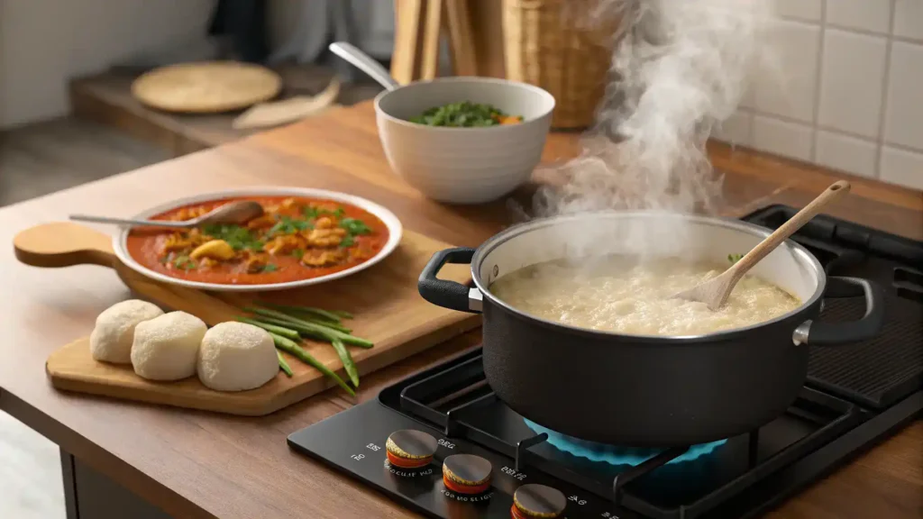 A step-by-step process of making fufu and egusi, showcasing boiling water, cassava flour, and egusi soup.