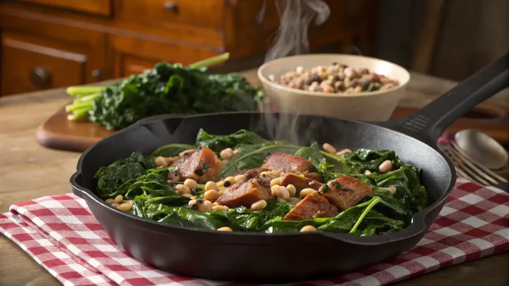 A skillet filled with hog jowl food, featuring collard greens and black-eyed peas, being sautéed.
