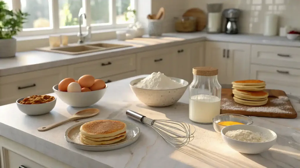 A step-by-step guide to making mini pancakes with ingredients displayed.