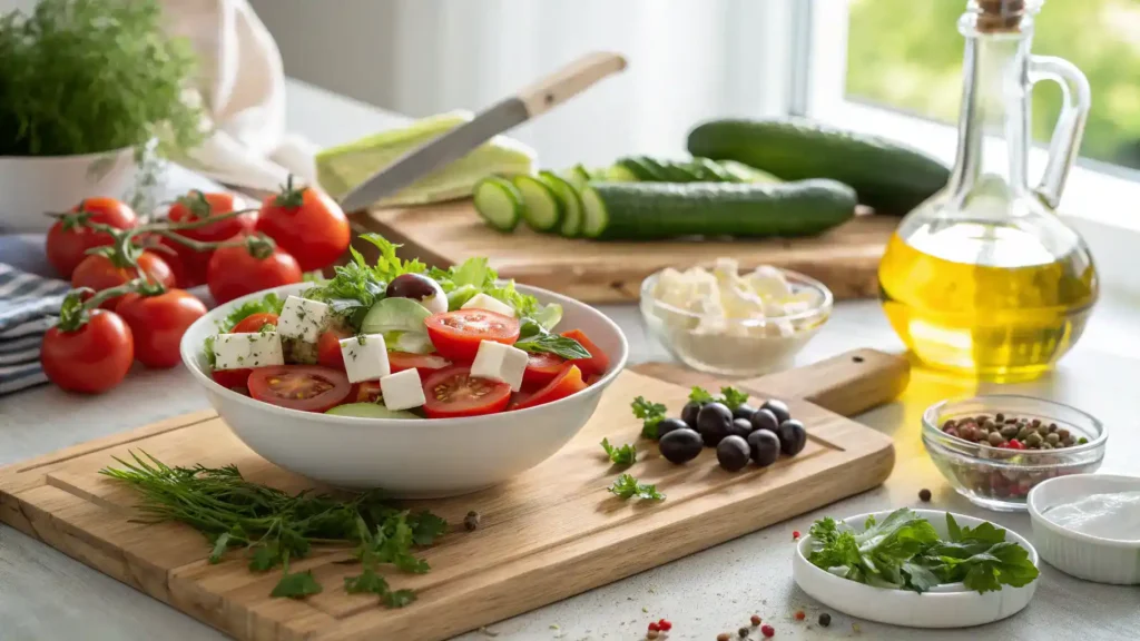 A colorful Greek salad being prepared with fresh vegetables and feta cheese.