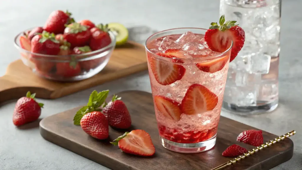A vibrant Strawberry Hennessy mocktail being prepared with fresh strawberries and sparkling water.