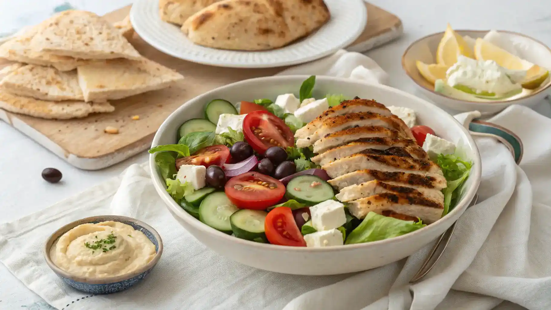 A Greek salad served with various accompaniments on a dining table.