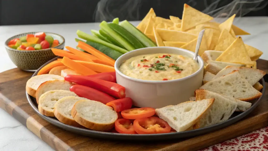 Various serving suggestions for Chihuahua cheese dip, including bread, veggies, and nachos.