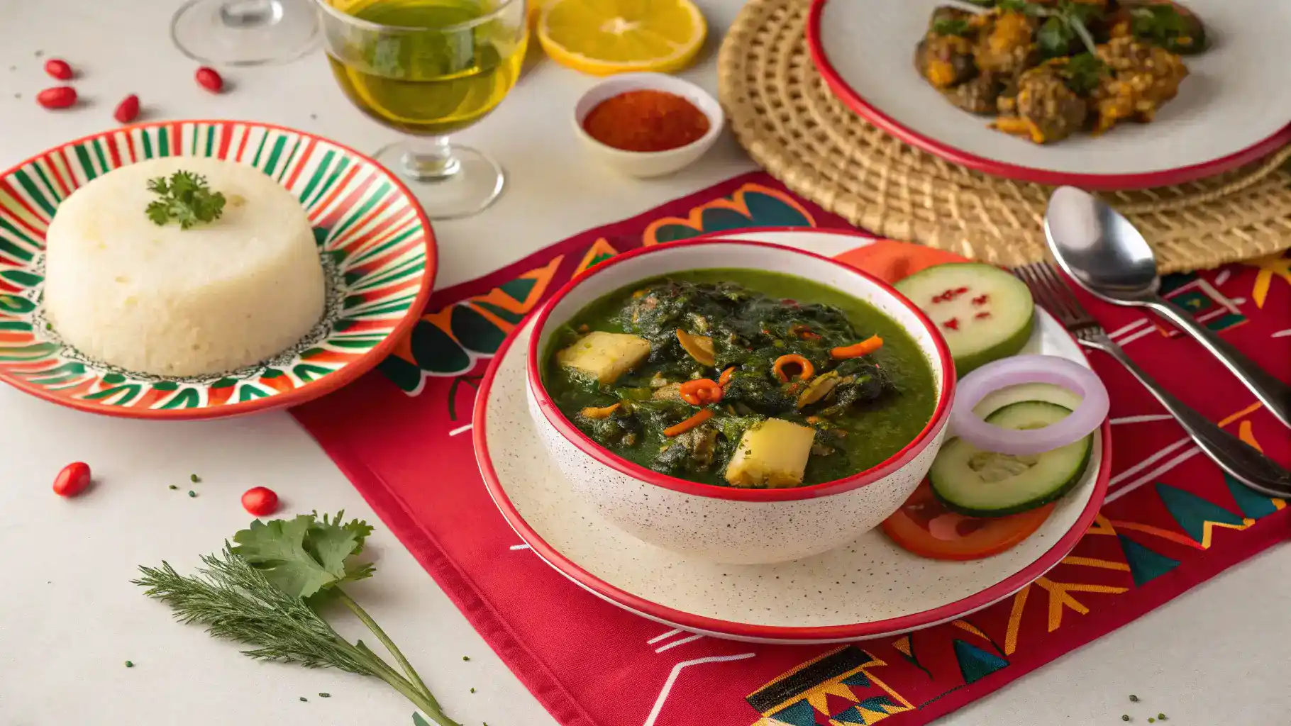 A beautifully presented fufu and egusi dish with colorful sides and garnishes on a festive table.