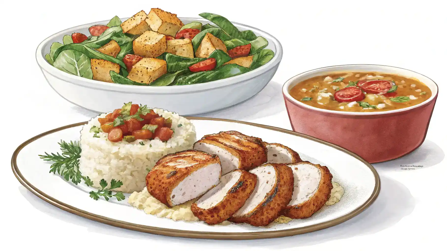 Different serving suggestions for hog jowl food, including grits and salad.