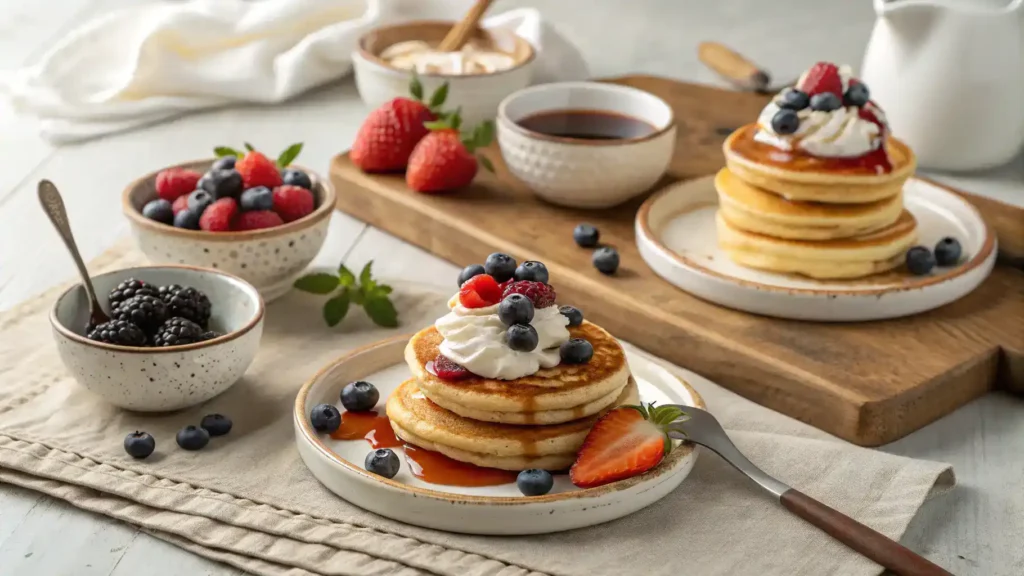 Mini pancakes served with a variety of toppings.