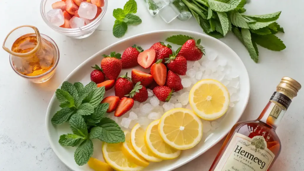 Ingredients for Strawberry Hennessy mocktail including strawberries, lemon juice, and mint leaves.