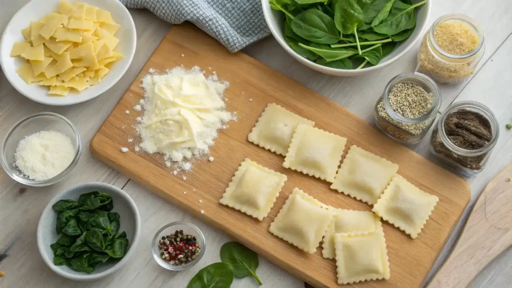 Ingredients for cheese ravioli including fresh pasta, ricotta, Parmesan, and spinach.