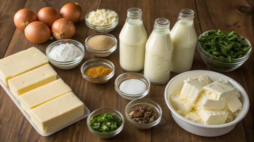 Ingredients for Chihuahua cheese dip displayed on a wooden table, including Chihuahua cheese, cream cheese, and spices.