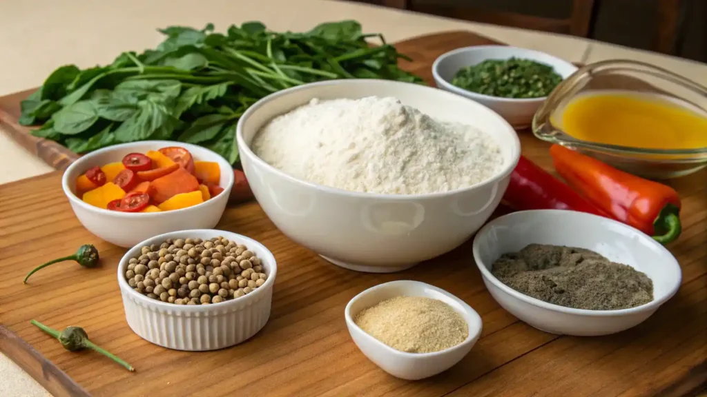 Ingredients for fufu and egusi displayed on a wooden table, including cassava flour, egusi seeds, and fresh vegetables.