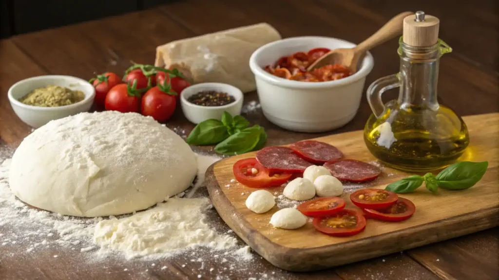 Ingredients for hand tossed pizza displayed on a wooden table.