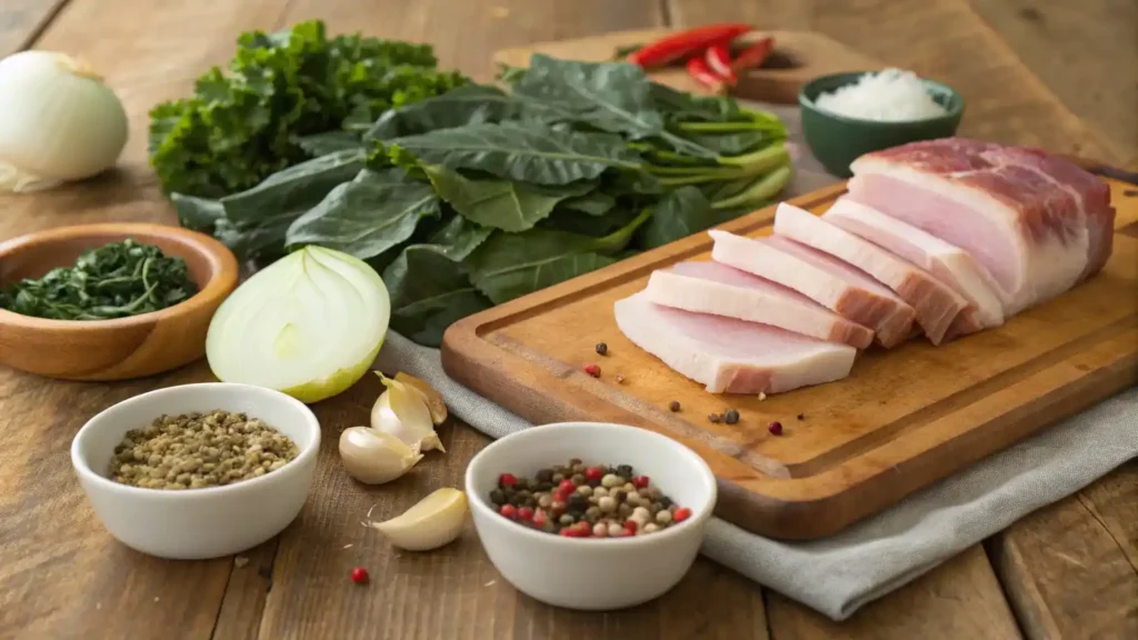 Ingredients for hog jowl food displayed on a cutting board, including hog jowl, collard greens, and spices.