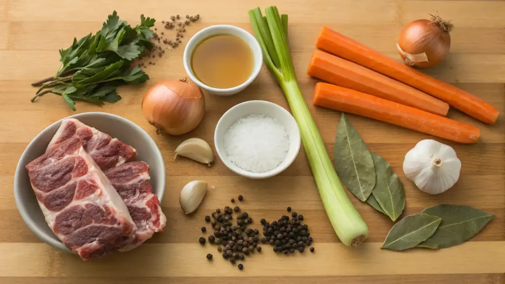 Ingredients for neck bones stew displayed on a wooden countertop.