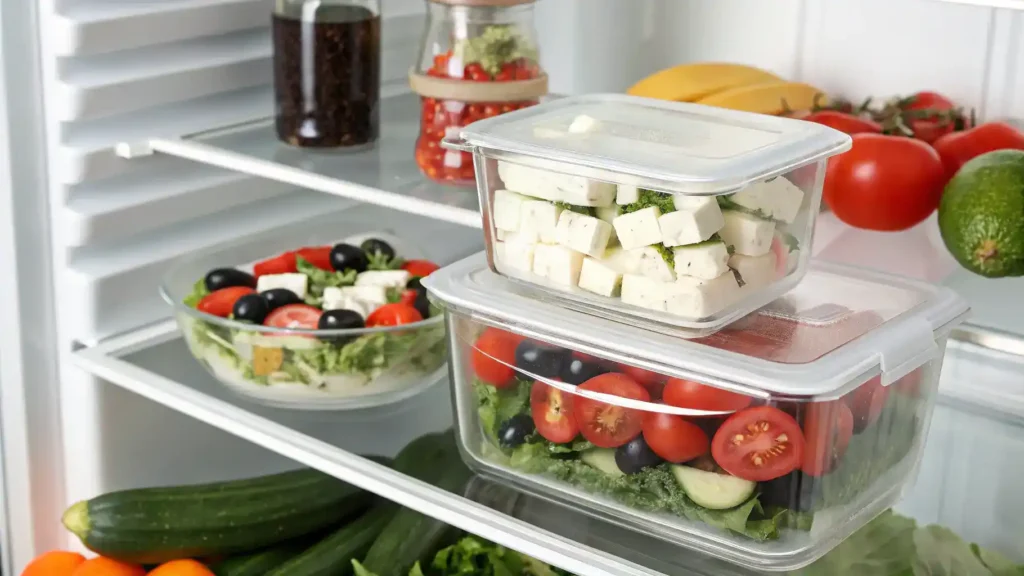 Proper storage methods for Greek salad displayed in a refrigerator.