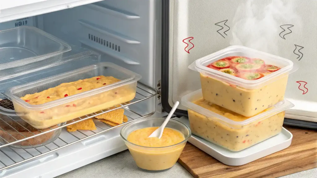 Storing and reheating Chihuahua cheese dip in airtight containers.