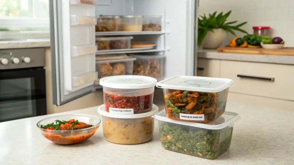 Proper storage methods for fufu and egusi leftovers, showcasing airtight containers and a freezer.