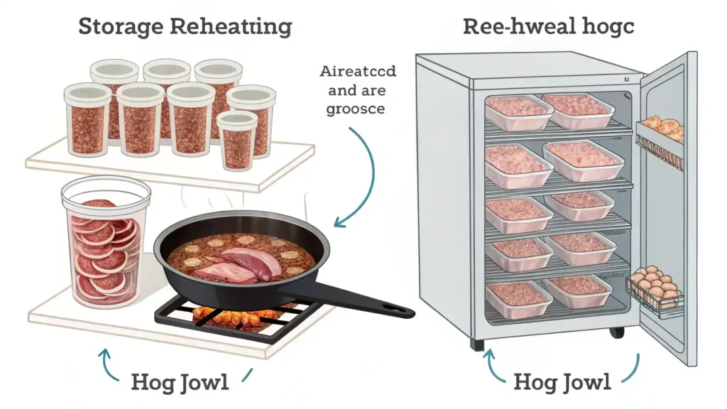 Storage and reheating of hog jowl food in airtight containers and a skillet.