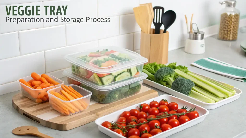 Storage tips for a veggie tray, featuring airtight containers and fresh vegetables.