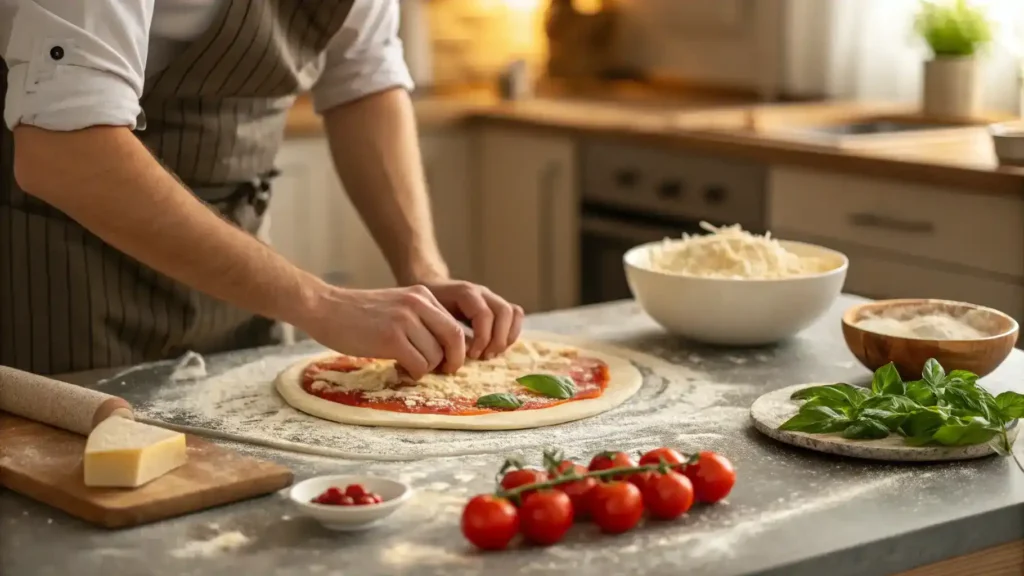 A person preparing hand tossed pizza dough with ingredients on a kitchen counter.