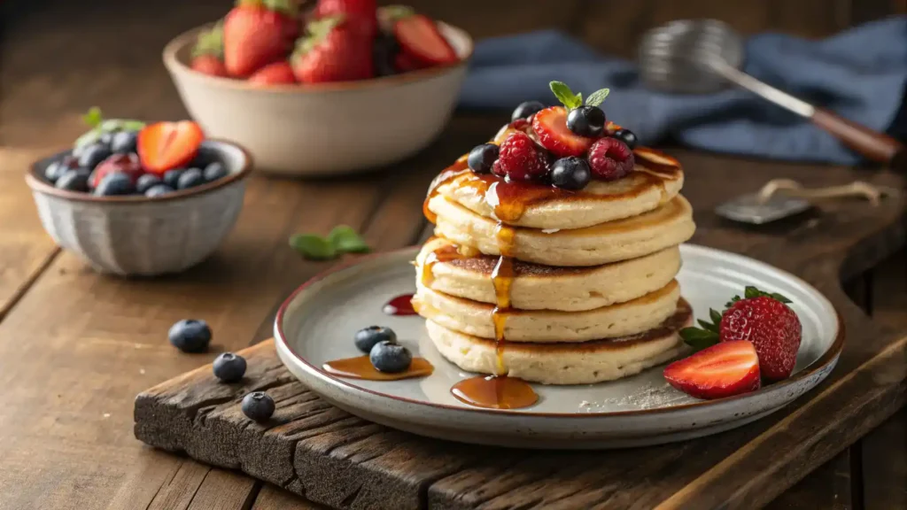 A stack of fluffy mini pancakes topped with berries and syrup.