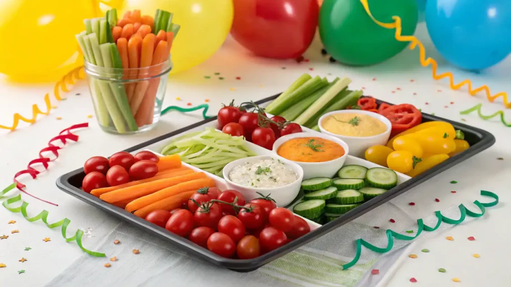 A beautifully arranged veggie tray set up for a party, featuring colorful vegetables and various dips.