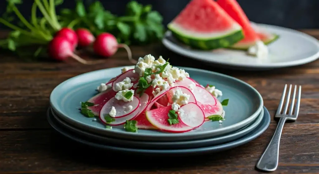 A beautifully plated watermelon radish salad garnished with feta cheese and fresh herbs.