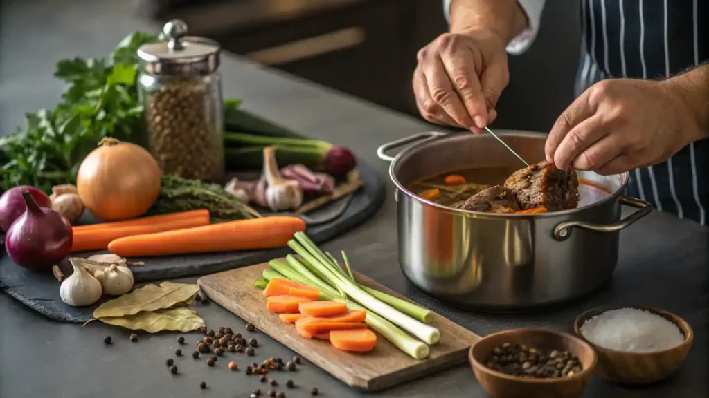 Chef preparing neck bones stew with fresh ingredients.