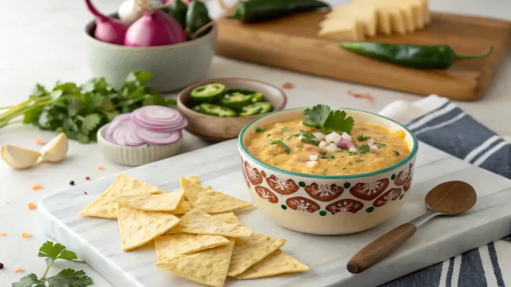 Pro tips for making Chihuahua cheese dip displayed with fresh ingredients and serving suggestions.