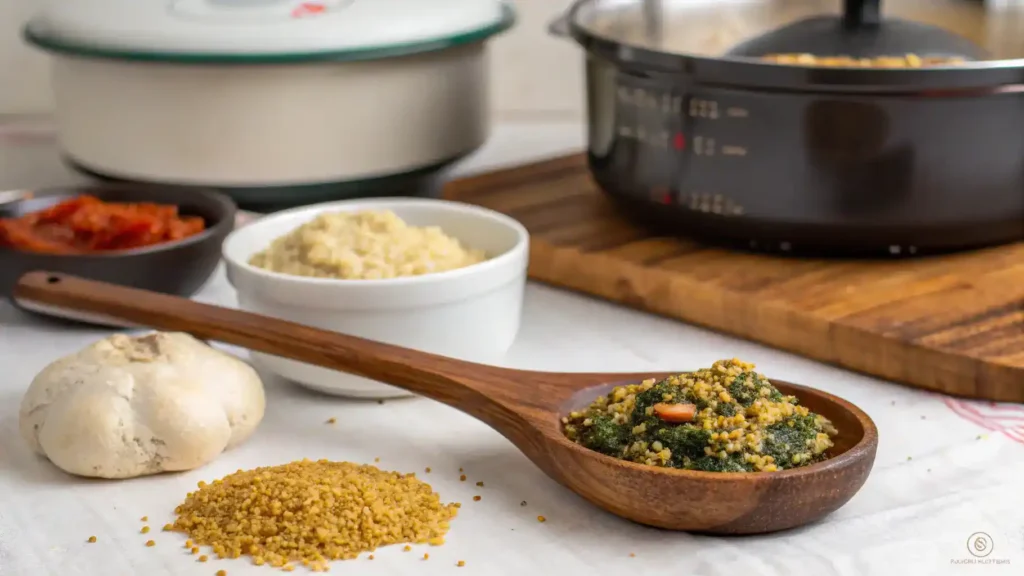 Pro tips for making fufu and egusi, featuring a wooden spoon and a pot of simmering egusi soup.