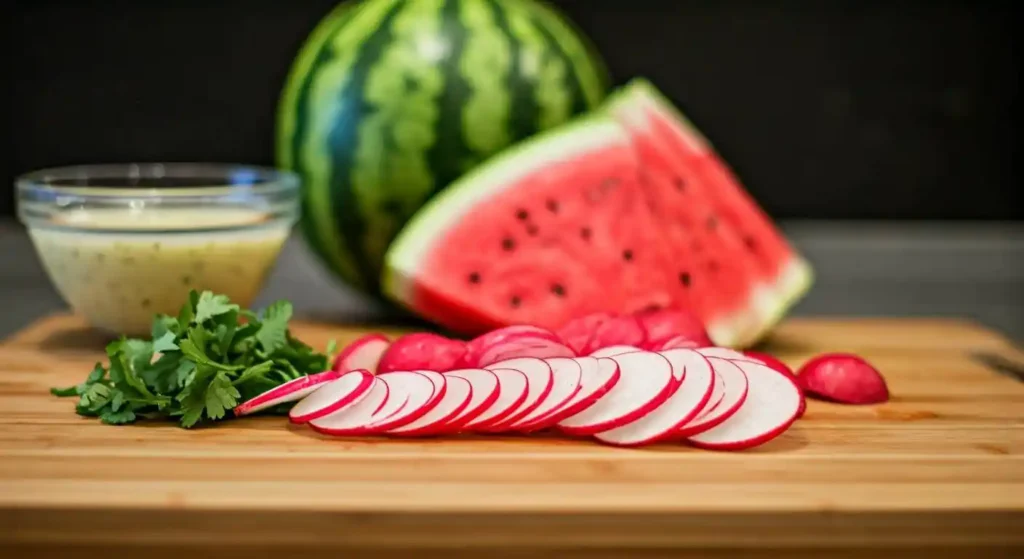 Pro tips for making watermelon radish salad with sliced radishes and fresh herbs.