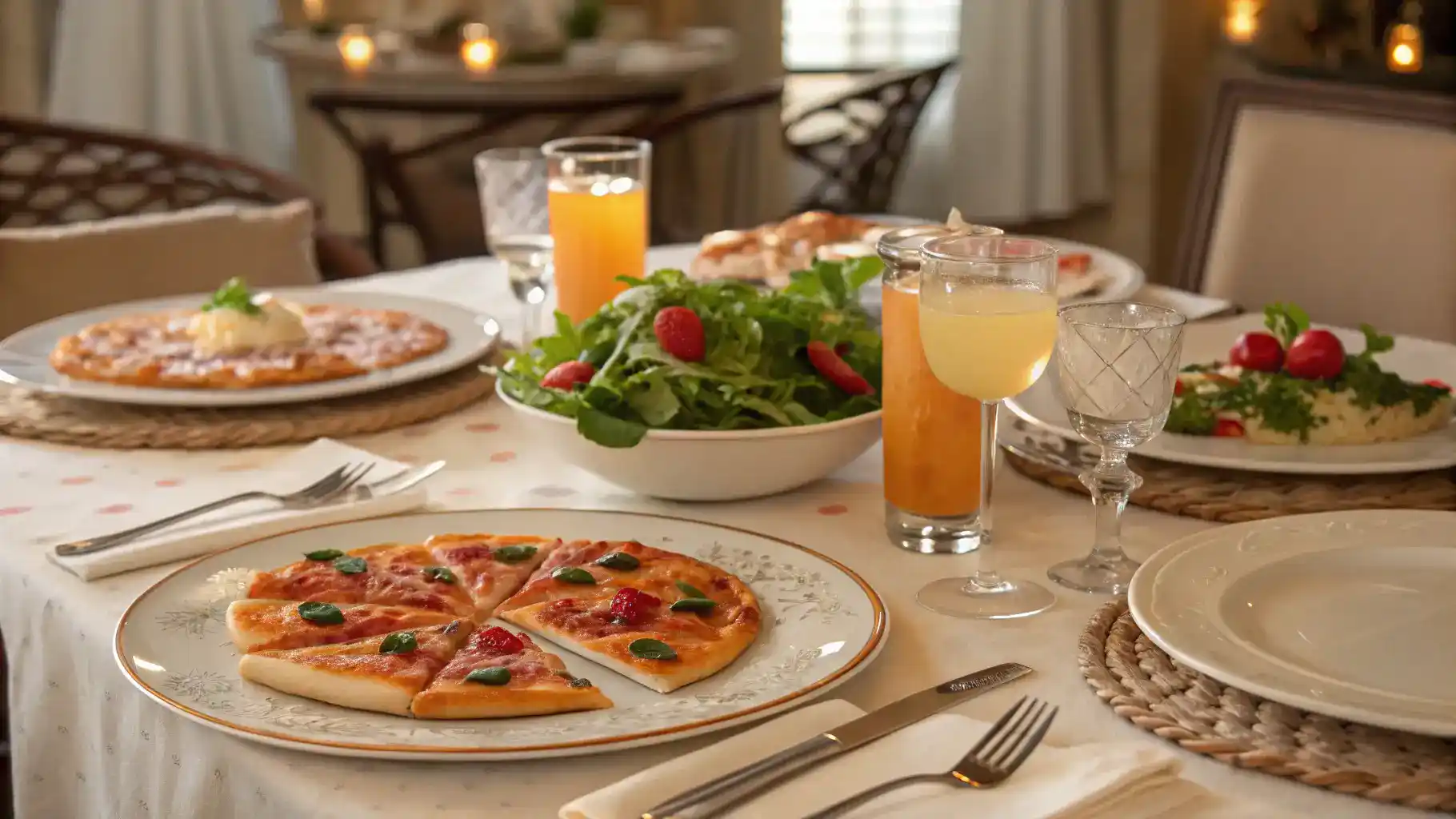 Table set with hand tossed pizza, salad, and drinks for a gathering.
