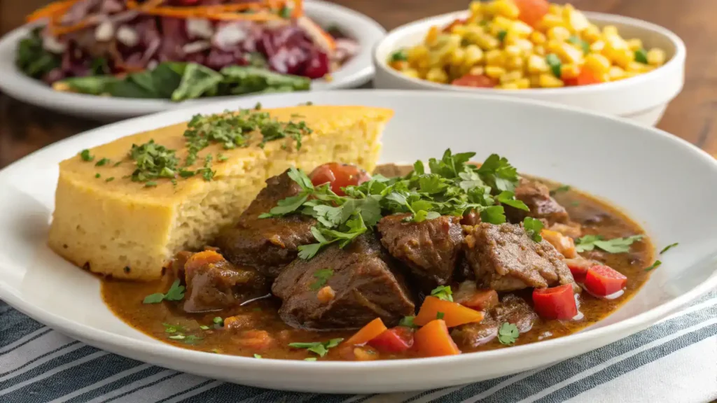 Plated neck bones stew with cornbread and salad.