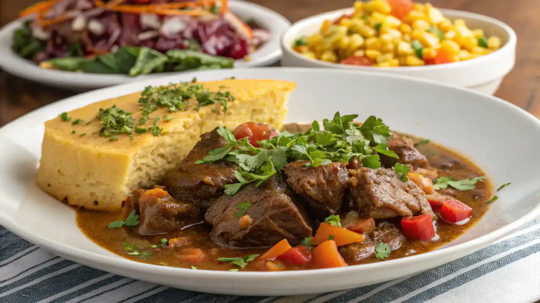 Plated neck bones stew with cornbread and salad.
