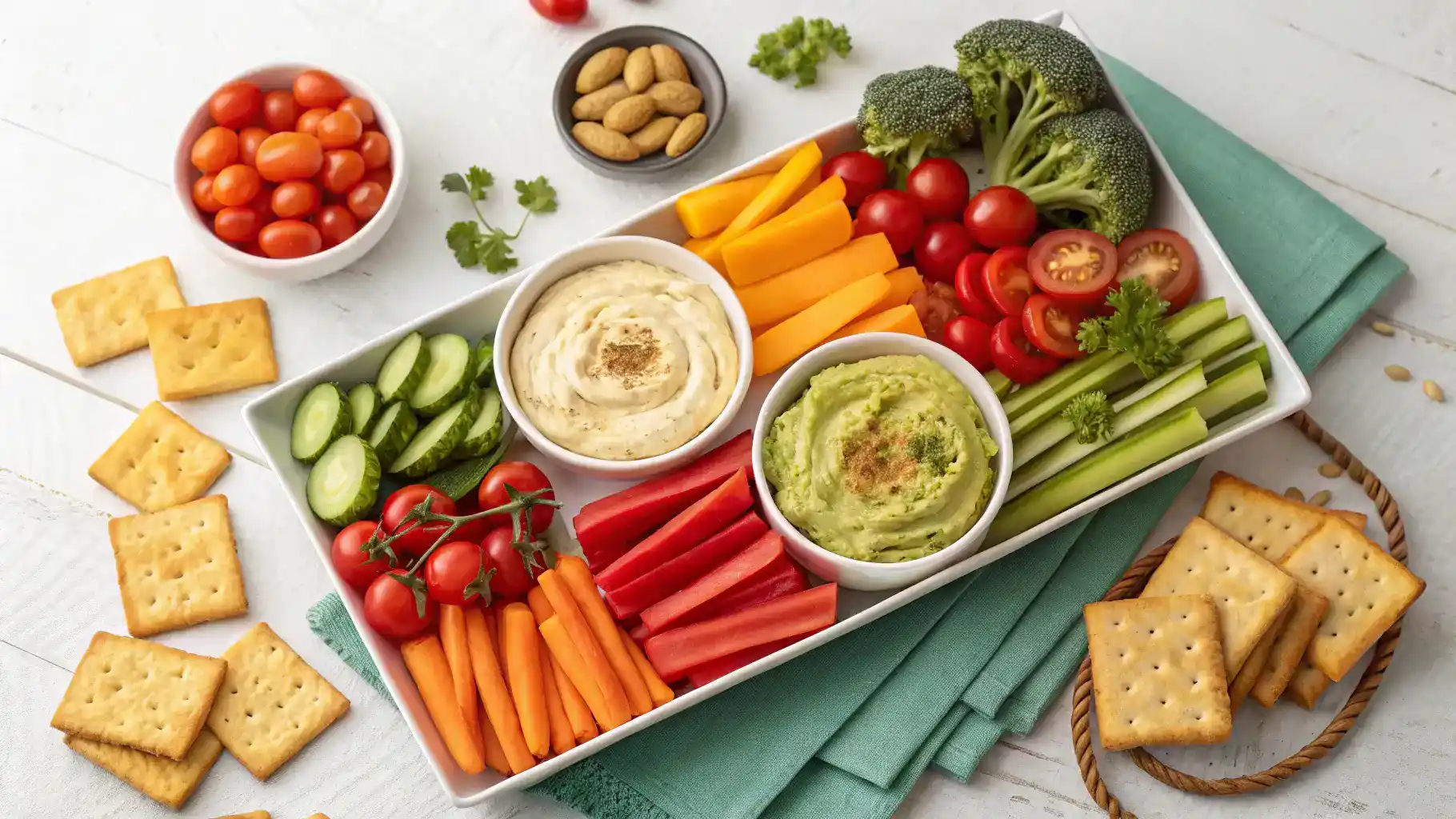 Fun serving suggestions for a veggie tray, featuring dips, crackers, and creative vegetable arrangements.
