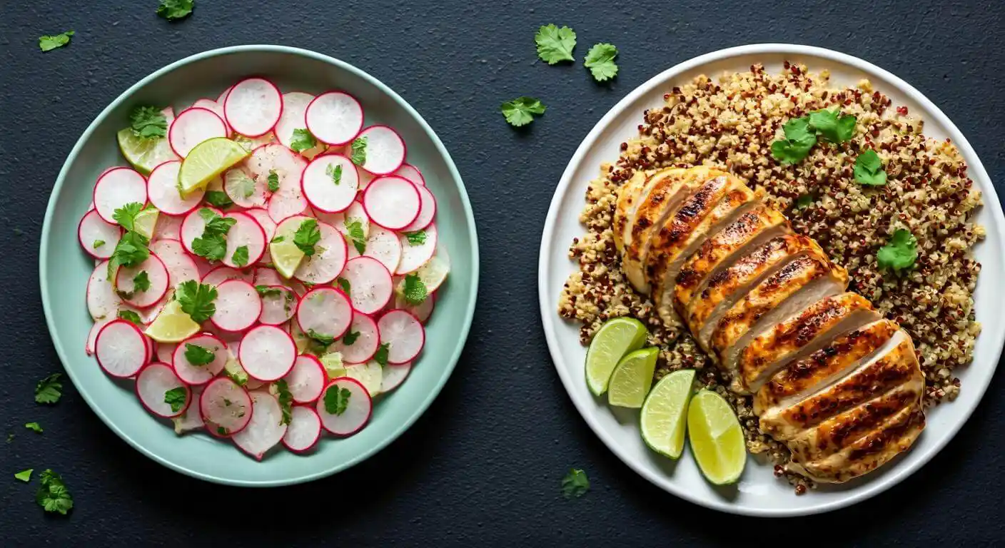 Serving suggestions for watermelon radish salad with grilled chicken and quinoa.