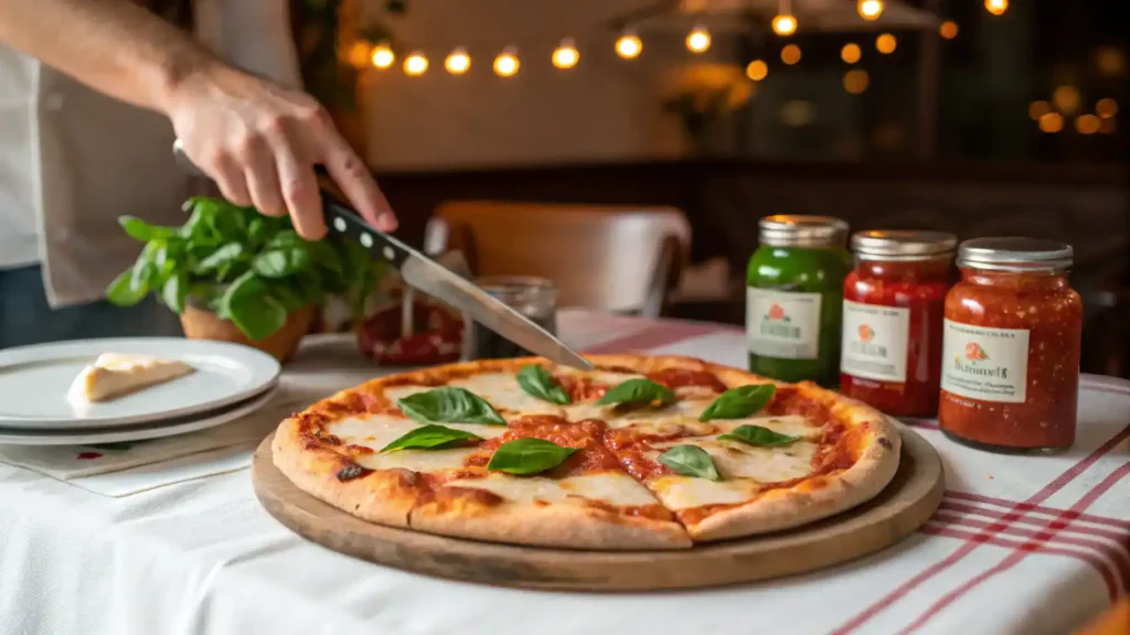Slicing hand tossed pizza with fresh basil and sauces on the side.
